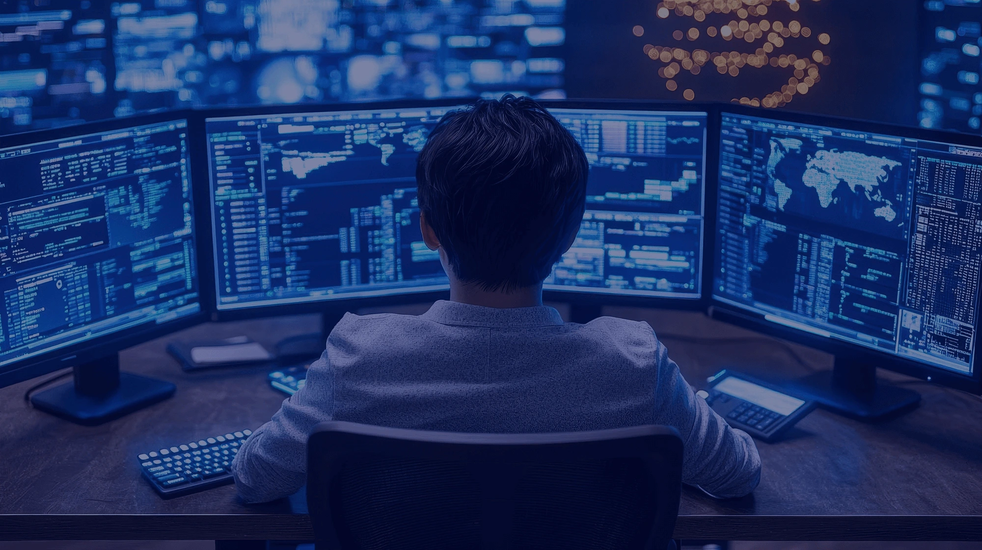 man in front of monitor with code